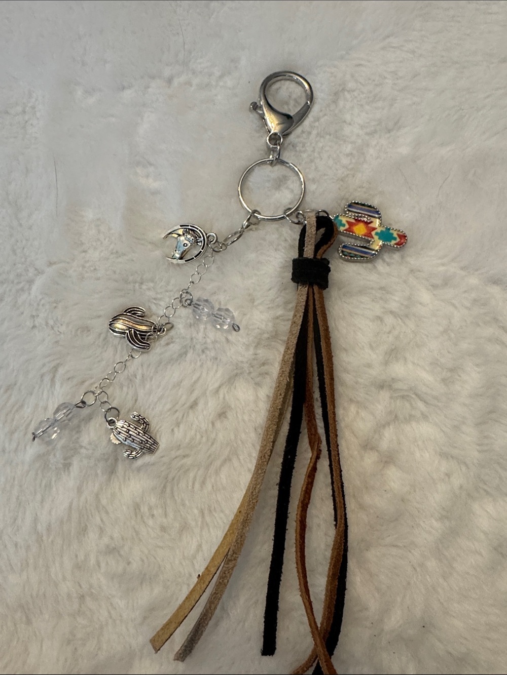 Southwestern Cactus Tassel Keychain with Charms - Brown, Black, Tan